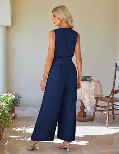LOOKBOHO Women Elegant Jumpsuits Summer Casual Sleeveless Outfits Formal Office Romper V Neck Wide Leg Long Pants(NB,L) - Thumbnail 3