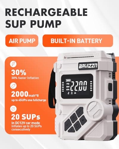 BAVIZZN 59.2Wh 22PSI Rechargeable SUP Pump, Dual Stage Electric Paddle Board Pump with Auto-Off LCD, 12V Car/Type-C Input, Battery Powered Inflator for Kayak Boat Inflatables - Thumbnail 4