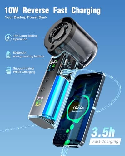 Doge&Vollar 4-in-1 Handheld Personal Fan, Rechargeable Handfan - 1-100 Variable Speed, 5000mAh Portable Travel Fan, Mist Face Fan for Skincare, Type-C Two-Way Charging with Lanyard, With light(White) - Thumbnail 5