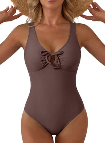 Aleumdr Women's Slimming One Piece Bathing Suit Self Tie High Cut Swimsuit Adjustable Strap Push Up Swimwear Coffee X-Large