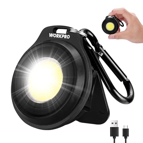 WORKPRO Mini Keychain Work Light, COB Keychain Flashlight with Hat Clip, Rechargeable Magnetic EDC Carabiner Flashlight, 3 Light Modes Emergency Light for Camping, Biking and Car Repairing, Black - Image 1