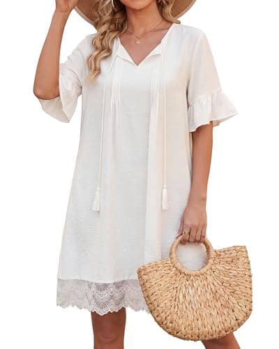 Bsubseach Beach Cover Ups for Women Ruffle Short Sleeves Swim Coverups Lace Trim Summer Dress Poolside Cruise Outfits Beige L - Image 1