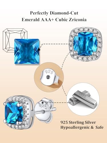 Bestyle Blue Topaz CZ Stud Earrings,Birthstone Earrings Stud for Women Sterling Silver Square Cubic Zirconia Stud Earrings Hypoallergenic Silver Earrings for Women - Thumbnail 4