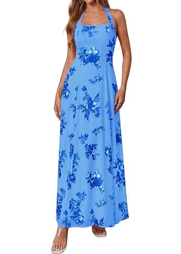 KIRUNDO Women's Summer Sleeveless Halter Floral Maxi Dress 2026 Beach Wedding Guest Cocktail Mesh Flowy A Line Long Sundress(Blue, Large) - Image 1