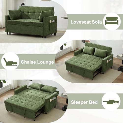 Tbfit 57" Loveseat Sleeper Convertible Sofa Bed, Futon Couch with Pullout Bed, USB & Adjustable Backrest, Chenille Full Size Pull Out Couches for Living Room, Apartment, Office, Dorm, RV, Green - Thumbnail 4