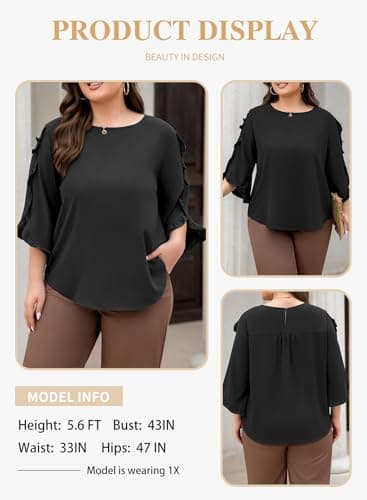 Eytino Women Plus Size Tops Dressy Casual 3/4 Length Sleeve Blouses Crewneck Ruffle Sleeve Shirts Summer Outfits Business Work Tops,3X Black - Thumbnail 3