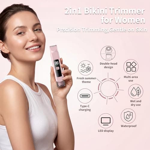 Bikini Trimmer for Women, 2-in-1 Dual Head Electric Shaver with LED Display, Ceramic Blades Painless Pubic Hair Trimmer for Sensitive Skin, Cordless Rechargeable with Travel Lock - Thumbnail 2