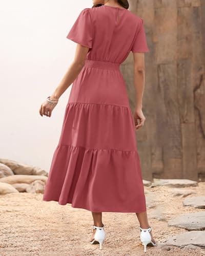 PRETTYGARDEN Women's Summer Casual Short Flutter Sleeve Round Neck Smocked Waist Tiered Boho Floral Flowy Maxi Dress(Solid Bean Paste Red,XX-Large) - Thumbnail 5