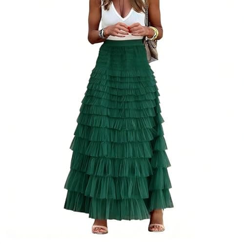 Mincib Womens Long Tulle Skirt A Line Ruffle Tiered Layered Skirts High Waisted Flowy Fairy Maxi Skirts(Green,L) - Image 1