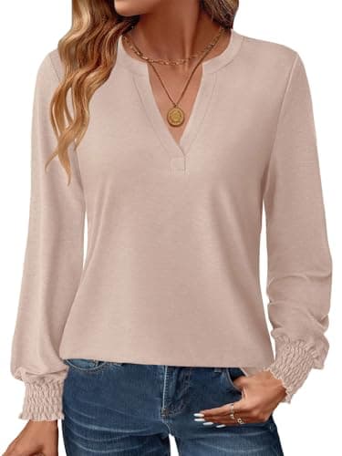 GKBK Womens Long Sleeve Shirts Fall Tops V Neck Business Dressy Casual Blouses with Smocked Cuffs Apricot - Image 1