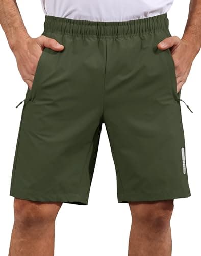 Hioutdoor Mens Shorts Waterproof Quick Dry Slim Fit Athletic Running Gym Training Zipper Pockets for Basketball Tennis Hiking Workout Swim Trunks Army Green L - Image 1