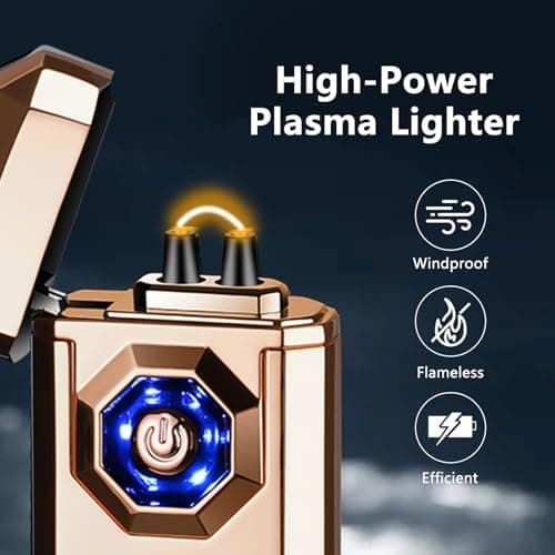 BABOBIU Electric Lighter Arc Plasma Lighter - Luxury Gold Finish, LED Emergency Lighting, USB Rechargeable with Ignition Count Display, Zinc Alloy Body for Survival, Vintage Style, Gifts (Gold) - Thumbnail 2