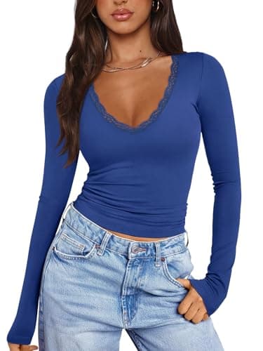 PINKMSTYLE Women Going Out Lace Tops V-Neck Double Lined Long Sleeve Tops Trendy 2025 Fall T-Shirt Layer Clothes Royal Blue XX-Large - Image 1