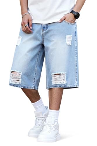 Heyfanee Mens Baggy Jean Shorts Loose Fit Vintage Denim Shorts for Men Big and Tall Jorts Men Ripped Y2k Blue 46 - Image 1
