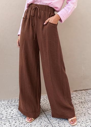 KIRUNDO Wide Leg Palazzo Pants for Women Summer High Waist Flowy Casual Trousers Lounge Pants Beach Vacation Travel Outfits (Brown, Large) - Thumbnail 4