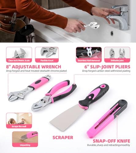 URASISTO Pink Household Tool Set with 3.6V USB Electric Screwdriver, 136 PCS Home Tool Kit with Cordless Lithium-ion Drill Driver, Hand Tool Kits for Women - Thumbnail 5
