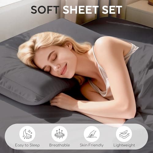 Tokokimo Queen Sheet Set 4 Piece, Super Soft Washed Cotton-Linen Feel Microfiber, 16" Deep Pocket Fitted Sheet, 1 Flat Sheet, 2 Pillowcases, Breathable Bed Sheets, Grey - Thumbnail 2