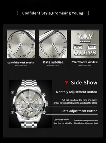 OLEVS Watches for Men Luxury Automatic Self Winding Mechanica Silver Stainless Steel Dress Wrist Mens Watches Grey Face Tourbillon Waterproof Luminous Analog Watch - Thumbnail 6