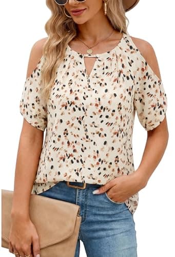 Women Cold Shoulder Tops Casual Summer Short Sleeve Crew Neck Dressy Work Blouses Dot Pints Chiffon Tunic Shirts BE M - Image 1