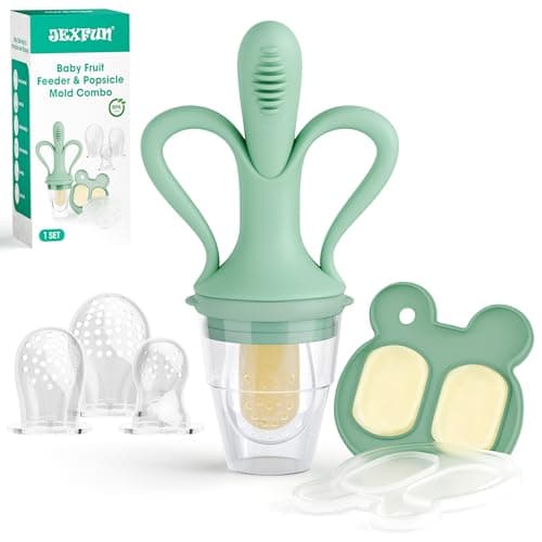 JEXFUN Baby Fruit Feeder & Breastmilk Popsicle Mold Set, Silicone Food Feeder Pacifier for Cooling Relief with 3 Replaceable Pouches, BPA-Free Teething Toy for Safe Infant Self Feeding (Pea Green)