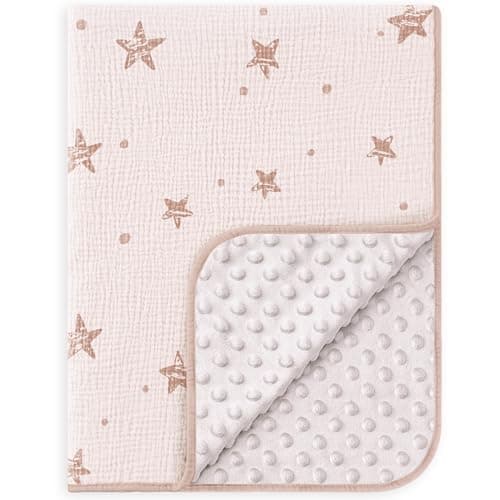 Susurration Baby Blanket for Unisex Boys Girls, Soft Nursery Minky Blanket with Muslin Cotton Front and Dotted Fleece Back, Receiving Blanket for Baby Newborn Infant, 30x40inch (Pink Star)
