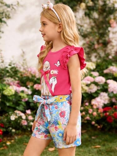 AMAWMW Girls 2 Piece Outfit Summer Clothes Ruffle Sleeve Shirts Top Paperbag Waist Shorts With Pockets Kids Clothing Set, Hot Pink, 11-12 Years - Thumbnail 3