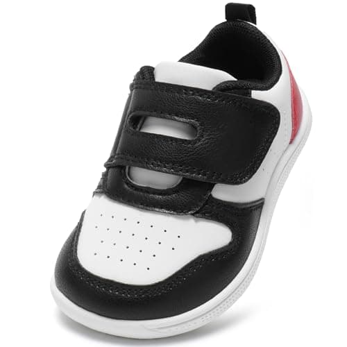STQ KIDS Toddler Wide Toe Box Shoes Boys Barefoot Shoe Kids Tennis Sneakers Breathable Non-Slip Zero Drop Preschool First Walking Running Outdoor Activities Black Red Toddler Size 7 - Image 1