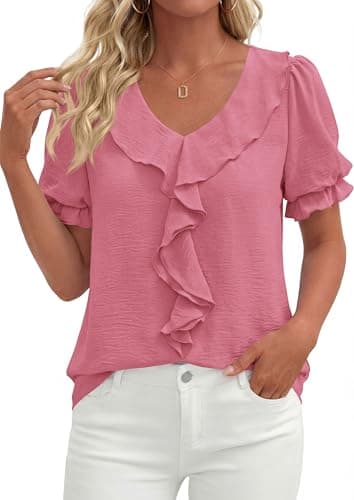 PRETTYGARDEN Women's Summer Dressy Casual Blouses 2026 Short Sleeve V Neck Ruffle Business Work Tops Trendy Spring Outfits (Dark Pink,Medium) - Thumbnail 6
