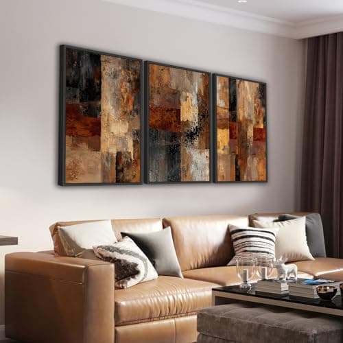 Large Framed Rustic Abstract Wall Art Canvas Prints Set of 3, Neutral Dark Brown Painting Wall Pictures, Retro Industrial Artwork for Living Room Bedroom Office Decor 24"x36"x3 - Image 1