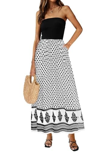 PRETTYGARDEN Women's Strapless Maxi Dress 2026 Summer Floral Tube Top Dress Long Flowy Boho Beach Wedding Dresses (Floral White Black,XX-Large) - Image 1