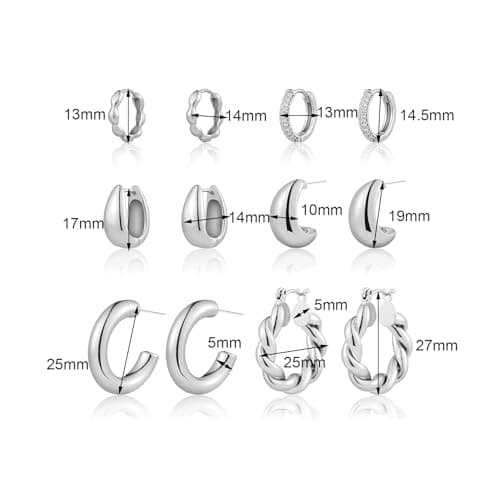 HILXURY 6 Pairs Gold Hoop Earrings for Women, 14K Gold Plated Chunky Huggie Hoop Earrings Set Hypoallergenic, Lightweight Twisted Open Hoops Jewelry for Christmas/Birthday Gifts. (Silver) - Thumbnail 5