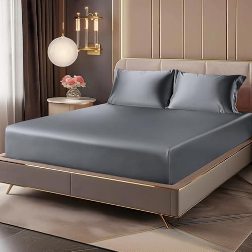 BEDELITE Satin Fitted Sheet and Pillowcase Set, Luxury Soft Similar to Silk Bottom Bed Sheet with Elastic Corner Straps, Deep Pocket up to 15 Inch, 1 Fitted Sheet and 1 Pillowcase(Twin XL, Dark Grey) - Image 1