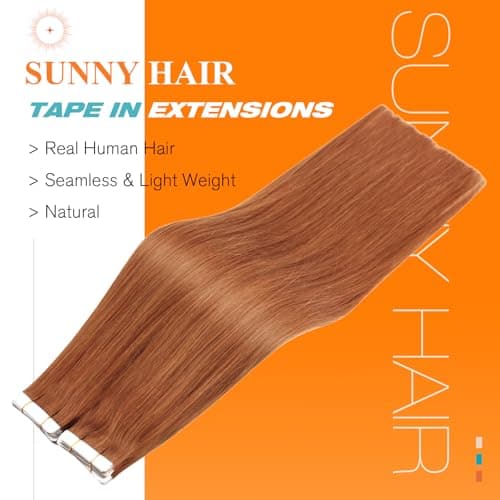 Sunny Hair Tape in Hair Extensions Human Hair Copper Orange Remy Hair Extensions Tape in 22inch Tape in Human Hair Extensions Add Length for Wedding 20Pcs 50g - Thumbnail 2