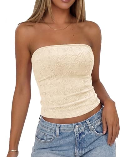 BTFBM Tube Tops for Women Summer Clothes 2026 Backless Strapless Flower Lettuce Trim Slim Fit Going Out Bandeau Top(Apricot, Medium) - Image 1