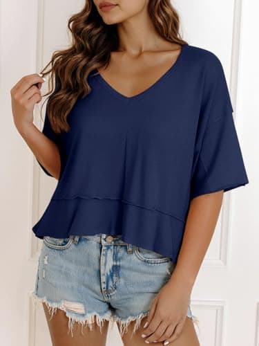 Cicy Bell Womens Oversized Crop T-Shirts Summer V Neck Short Sleeve Tops Casual Loose Fit Curved Hem Boxy Tee Shirt Navy - Thumbnail 5
