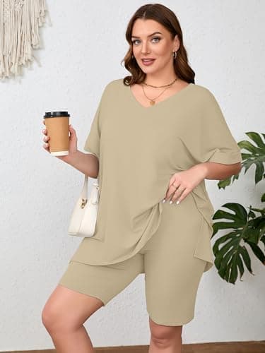 AusLook Women's Plus size 2 Piece Short Outfits Set Short Sleeve Tops and Shorts Pants Light Khaki 3X Casual Comfy Soft Ladies Short Sleepwear Lounge Pajama Matching Set - Thumbnail 3