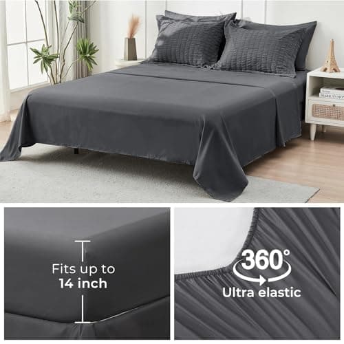 HYMOKEGE 7 Piece King Size Comforter Set Seersucker, All Season Luxury Bed in a Bag for Bedroom, Bedding Set with Comforters, Sheets, Pillowcases & Shams, Dark Grey - Thumbnail 6