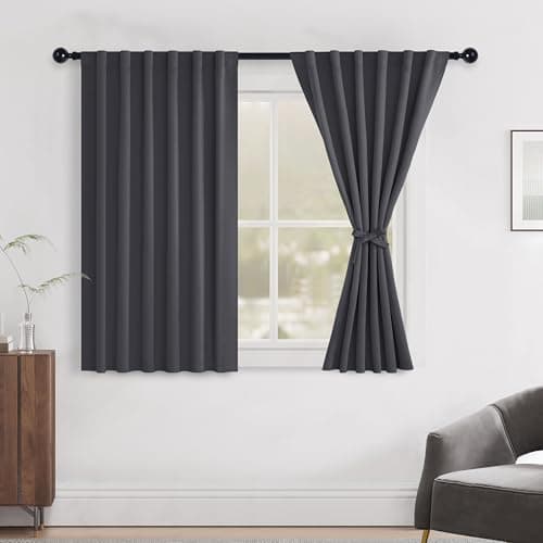 Hiasan Blackout Curtains 45 inch Long for Bedroom Thermal Insulated Rod Pocket Blackout Curtains with Tiebacks for Living Room Noise Reducing,52x45 Inch, Dark Grey,2 Panels