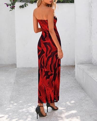 BTFBM Women Summer Strapless Maxi Dress 2026 Bodycon Floral Long Wedding Guest Dress Formal Tube Mesh Cocktail Dresses(Floral Red, Large) - Thumbnail 3