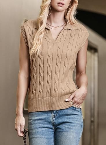 Dokotoo Sweater Vest V Neck Lapel Collar Cable Knit Women Vest Cable Knit Spring Tops for Women 2025 Summer Sweaters Khaki Large - Thumbnail 5
