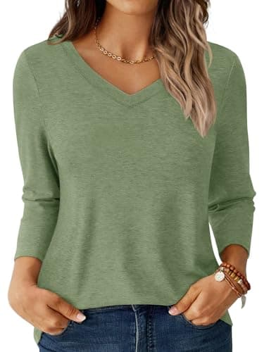 GKBK Womens Tops 3/4 Sleeve Shirts V Neck Casual Blouses Basic Loose Fit Pullover Tshirts LightGreen M - Image 1