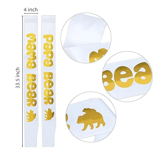 Mama Bear & Papa Bear Baby Shower Sash Bundle - With Cute Bear (White Sashes & Gold Lettering) Girl or Boy Baby Shower Party Decorations Gifts Favors Mom Dad Supplies Gender Reveal Mommy Bear Sash - Thumbnail 3