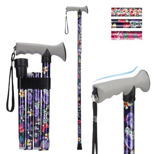 supregear Folding Cane, Collapsible Adjustable Height Lightweight Portable Foldable Travel Cane with Soft Handle, Walking Aid for Elderly Disabled Men Women, Black Large Floral - Image 1