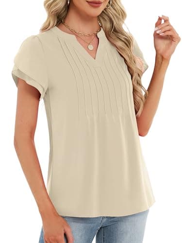 Funlingo Dressy Tops for Women Fashion 2026 Short Petal Sleeve Flowy Blouses Business Casual Office Shirt Loose Fitting Outfits Beige XL - Thumbnail 4