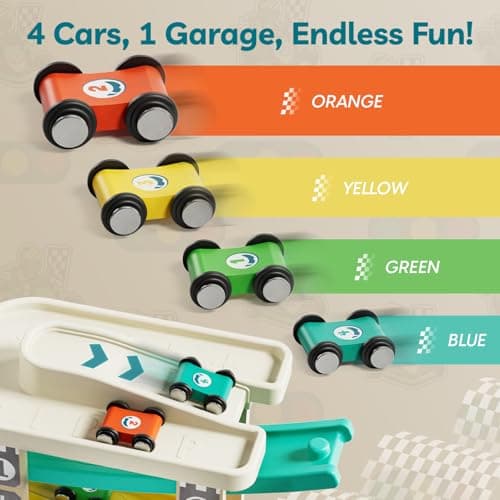 TOP Bright Toddler Wooden Race Track Car Ramp Toys for 1 2 Year Old Baby Motor Skills Race Tracks Car Ramp Vehicle Playsets with 4 Mini Cars and 1 Car Garage - Thumbnail 4
