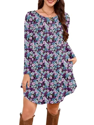 DEARCASE Women's Long Sleeve T Shirt Dress Floral Black Tri Colored Flowers Large Crewneck Knee Length Loose Casual Flowy Swing Tunic Dresses with Pockets - Image 1