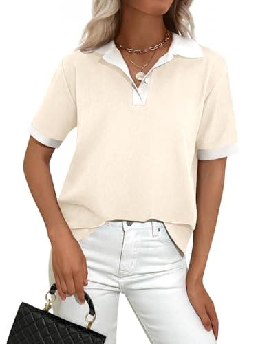 PRETTYGARDEN Summer Short Sleeve Polo Shirts for Women Collared V Neck Work Dressy Tops Knit Loose Business Casual Outfits(Beige,Small) - Image 1