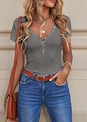 PRETTYGARDEN Women's Summer Casual Henley T-Shirts Short Sleeve V Neck Button Up Ribbed Knit Slim Fit Basic Tops(Grey, XX-Large) - Thumbnail 4