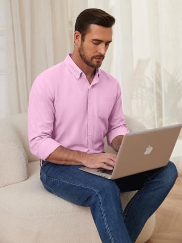 GIANZEN Pink Dress Shirt for Men Button Up Light Mens Shirts Long Sleeve Men's Down Oxford Collared Casual Big and Tall Pink Size L - Thumbnail 4