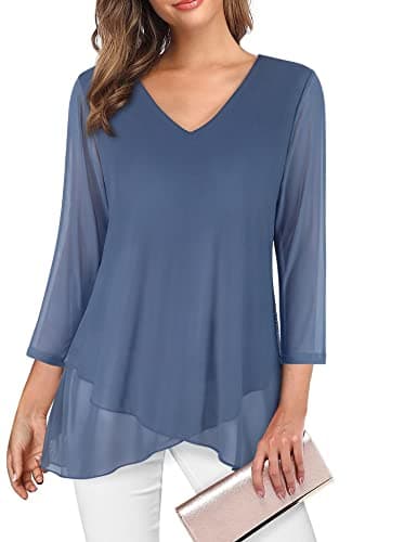 SeSe Code Business Casual Tops for Women, 3/4 Sleeve Shirts Womens Dress Shirts and Blouses for Work Elegant Ruffle Hem Stretchy Mesh Formal Tunics Evening Party Blue 2XL - Image 1